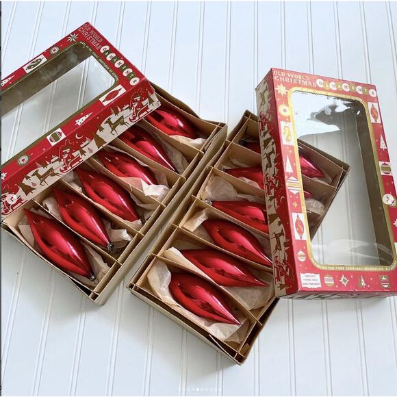 ONE BOX Vintage Old World Christmas Ornaments Teardrop Icicle Glass Red Set x6 - Picture 5 of 10